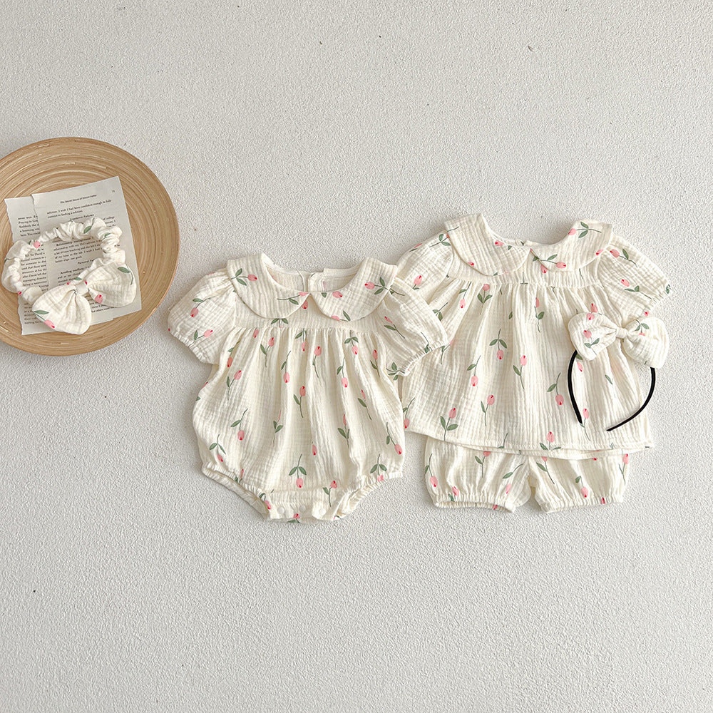 Baby Girl Tulip Gauze Bodysuit Set – Short Sleeve Summer Triangle Romper