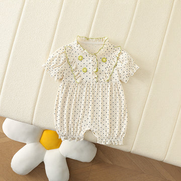 Baby Girl Floral Polka Dot Bodysuit with Lace Collar – Short Sleeve Summer Outfit