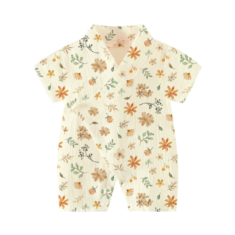 Baby Short Sleeve Kimono Romper – Breathable Crinkle Cotton Summer Bodysuit