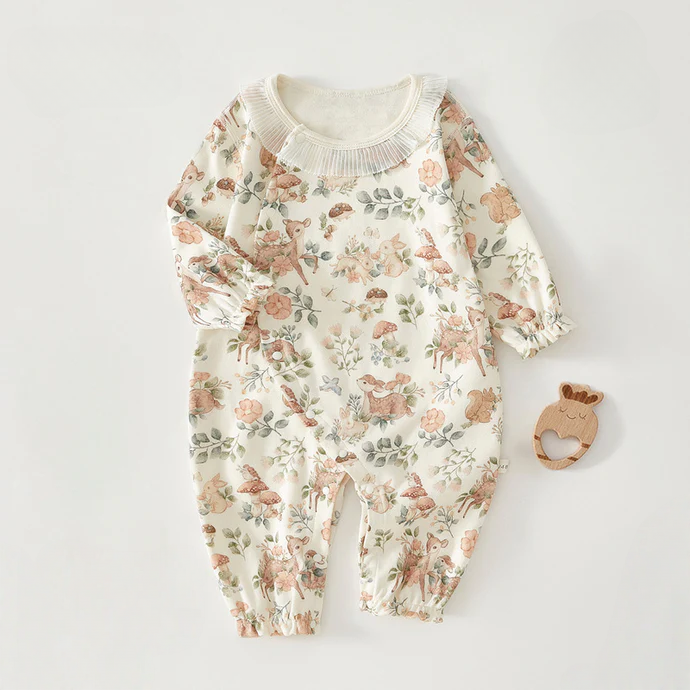 Newborn Cotton Animal Print Romper – Seamless Long Sleeve Spring Fall Baby Sleepwear