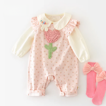 Baby Girl Floral Suspender Jumpsuit with Flutter Sleeves – Spring Newborn Outfit
