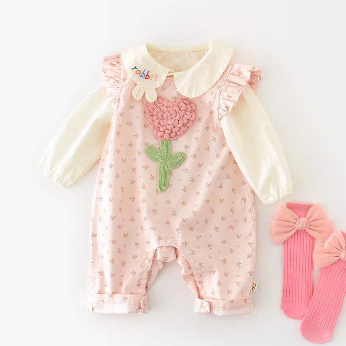 Baby Girl Floral Suspender Jumpsuit with Flutter Sleeves – Spring Newborn Outfit