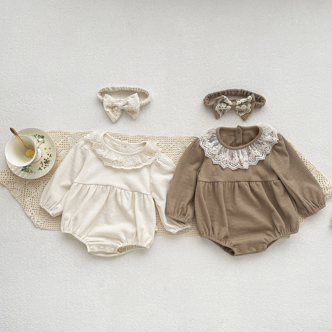 Baby Girl Waffle Knit Lace Romper – Long Sleeve Spring Fall Outfit