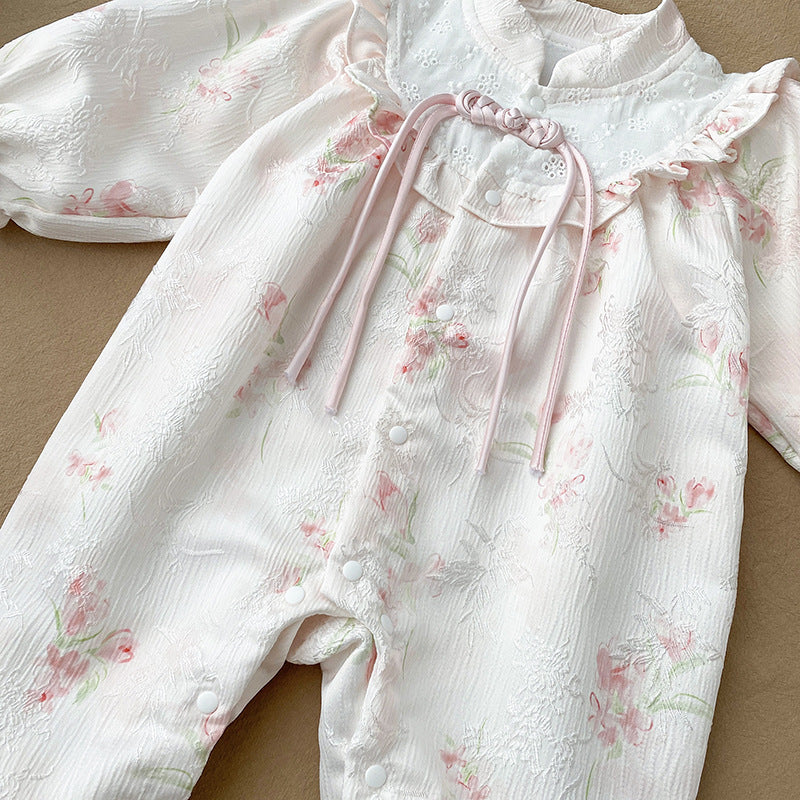 Baby Girl Chinese Style Floral Romper with Stand Collar – Long Sleeve Vintage Fall Outfit