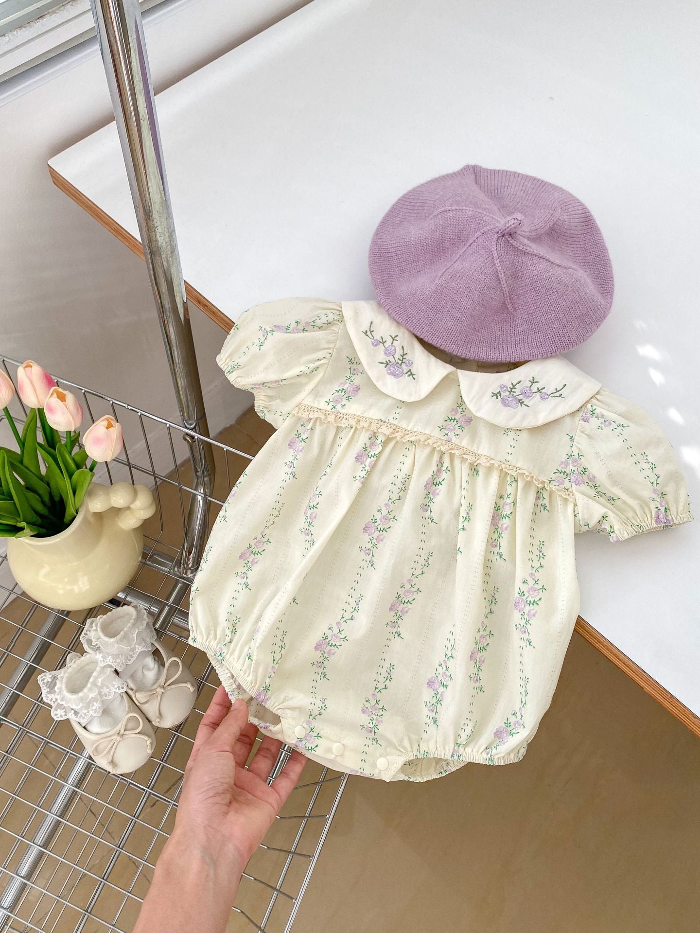 Baby Girl Purple Floral Bodysuit with Embroidered Doll Collar – Short Sleeve Summer Romper