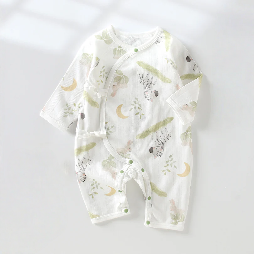Newborn Tie-Side Cotton Sleep Romper – Lightweight Long Sleeve Summer Kimono Bodysuit