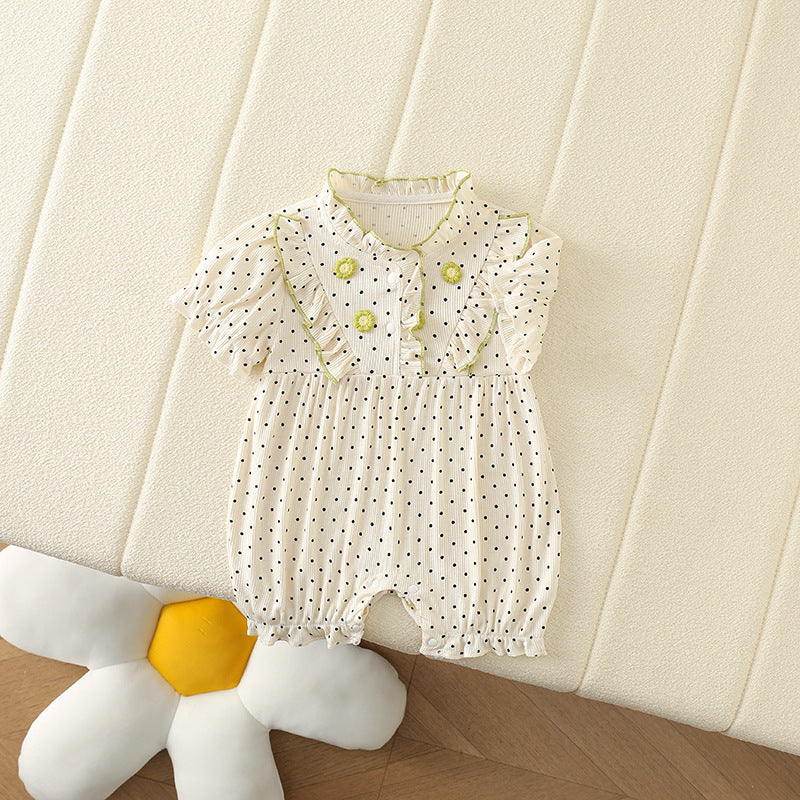 Baby Girl Floral Polka Dot Bodysuit with Lace Collar – Short Sleeve Summer Outfit