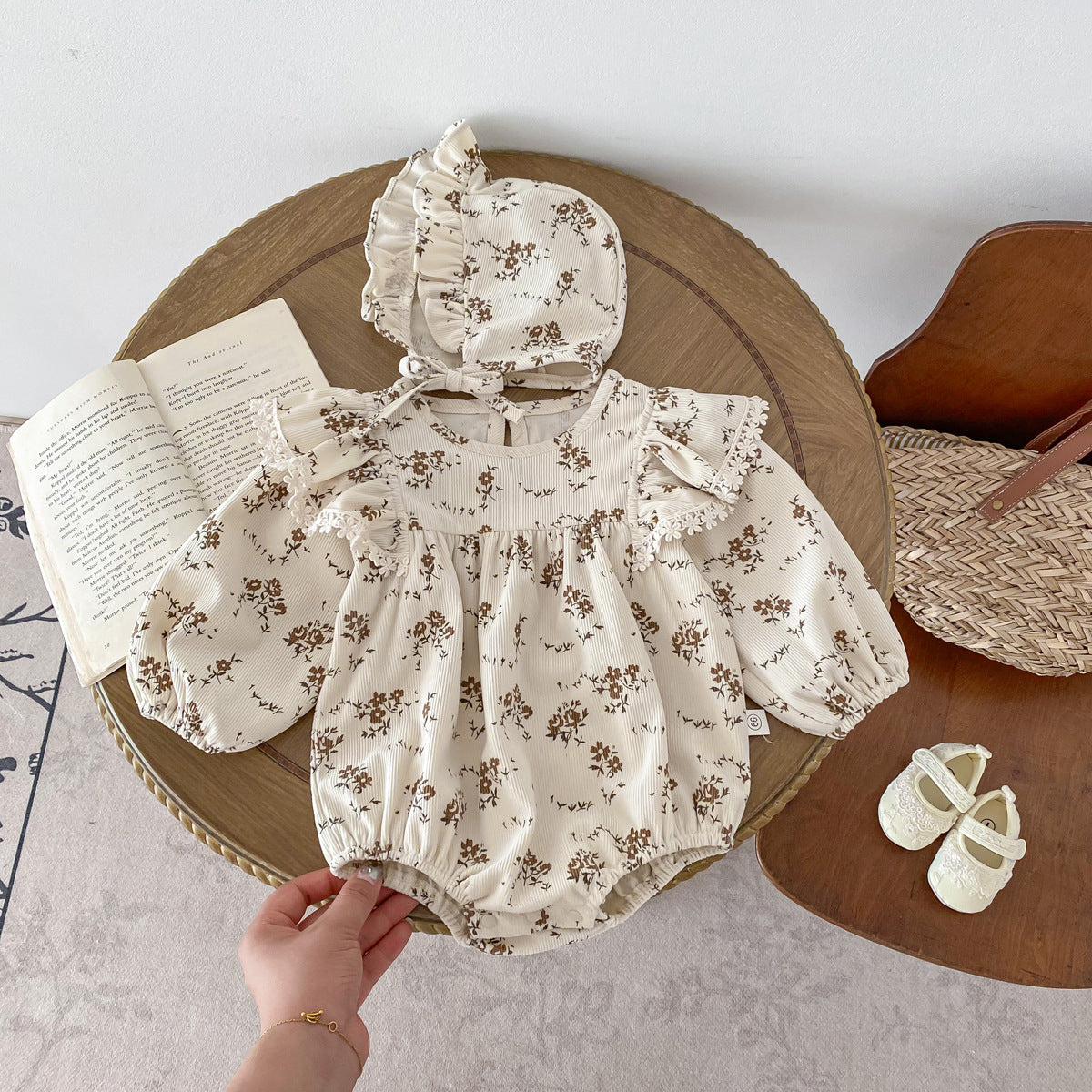 Baby Girl Corduroy Floral Romper with Bonnet – Long Sleeve Spring Fall Outfit