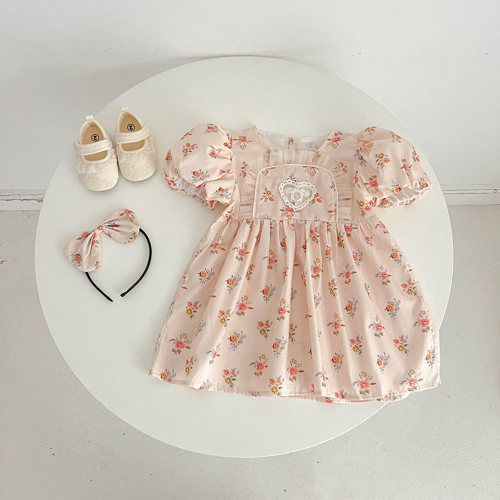 Baby Girl Pink Floral Romper Dress – Short Sleeve Matching Sister Summer Outfit