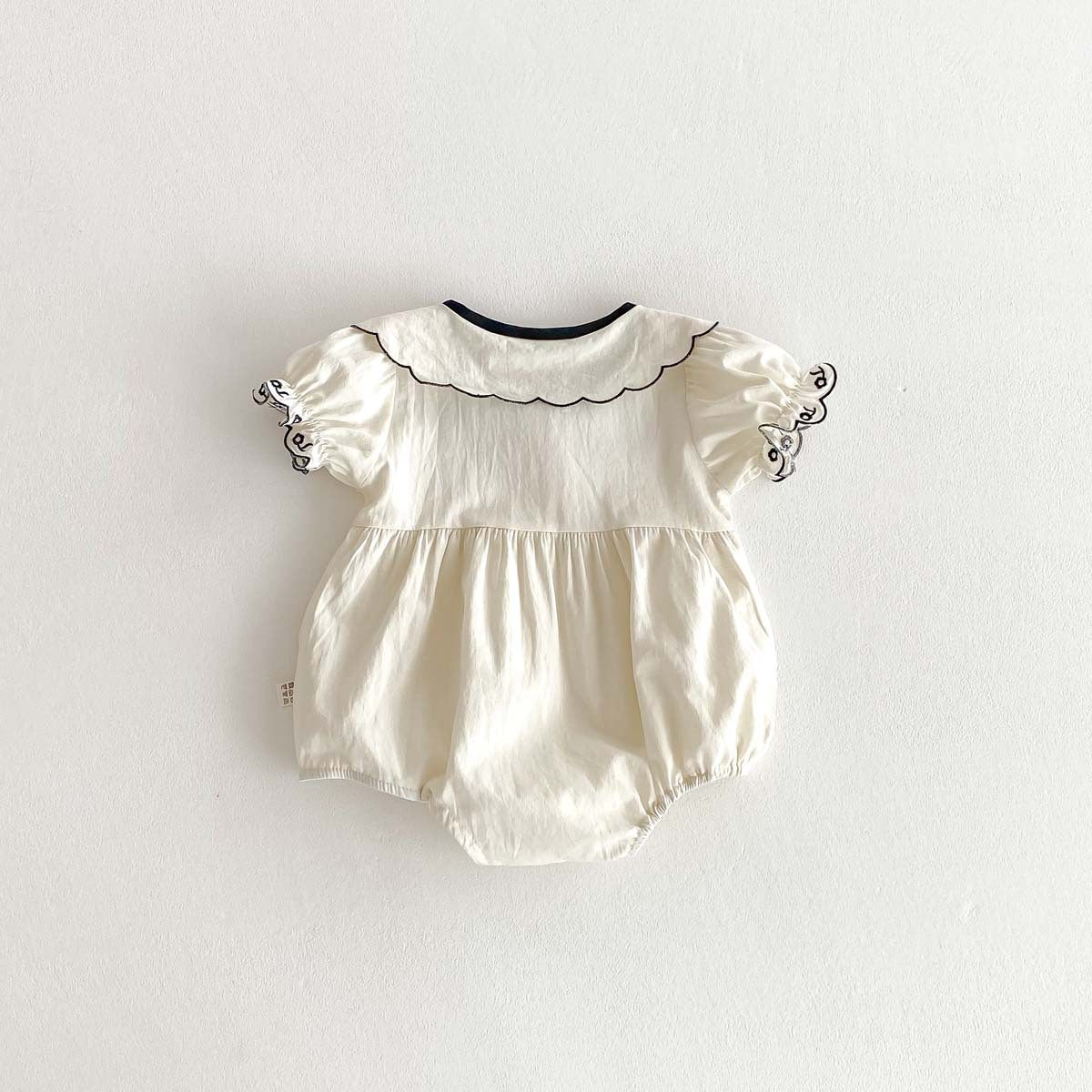 Newborn Baby Girl Embroidered Collar Bodysuit with Bow – Short Sleeve Summer Outfit