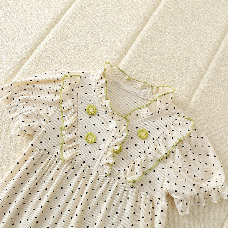 Baby Girl Floral Polka Dot Bodysuit with Lace Collar – Short Sleeve Summer Outfit