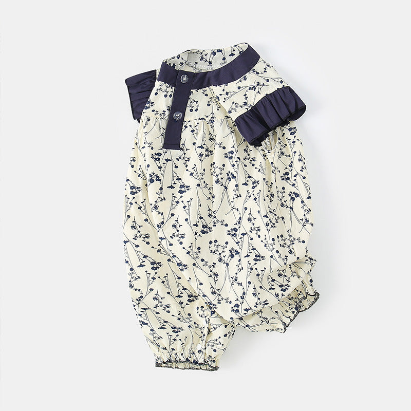 Baby Girl Floral Cotton Linen Bodysuit – Breathable Korean Style Summer Romper