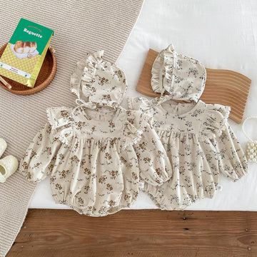 Baby Girl Corduroy Floral Romper with Bonnet – Long Sleeve Spring Fall Outfit