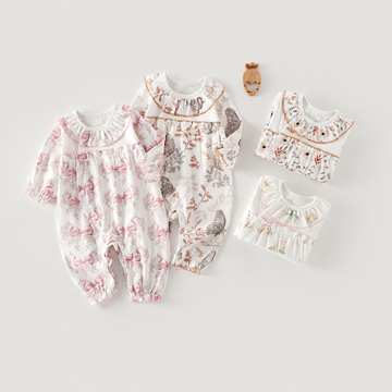 Baby Girl Long Sleeve Cotton Romper with Lace Trim – Side Snap Newborn Bodysuit
