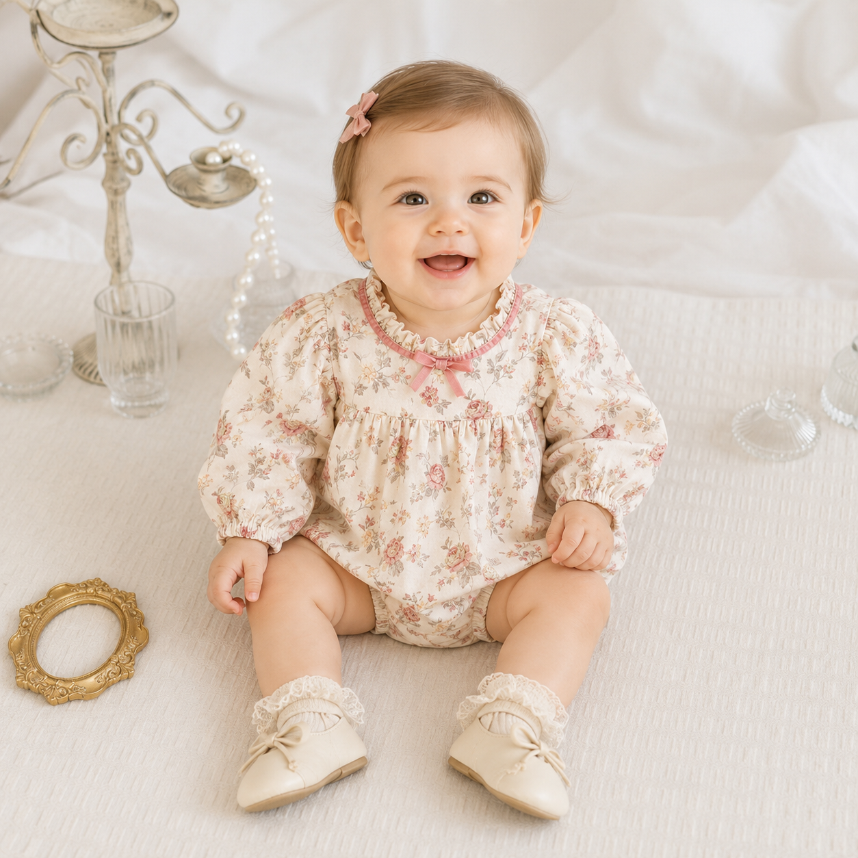 Baby Girl Floral Bow Bodysuit with Stand Collar – Long Sleeve Fall Outfit