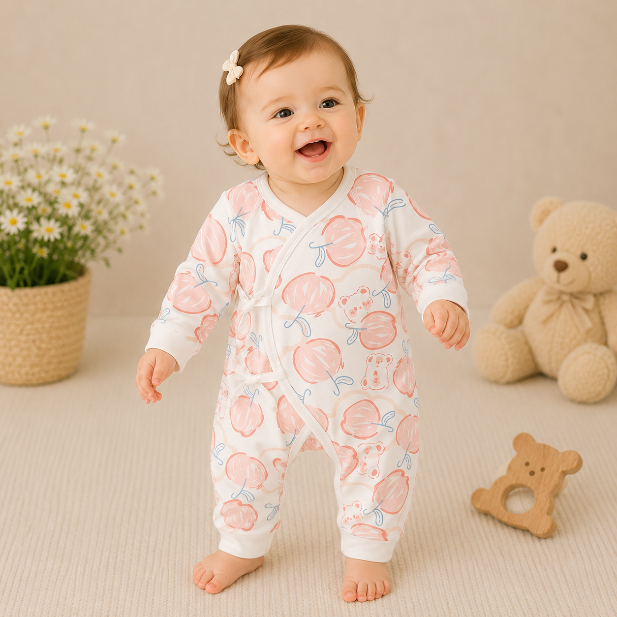 Newborn Baby Girl Cotton Kimono Bodysuit – Seamless Spring Fall Wrap Romper