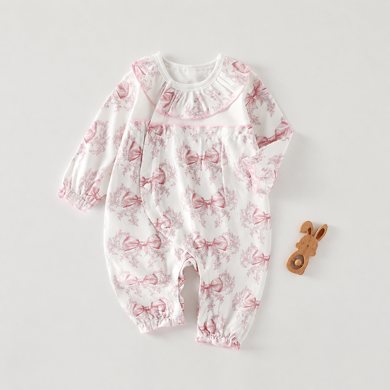 Baby Girl Long Sleeve Cotton Romper with Lace Trim – Side Snap Newborn Bodysuit
