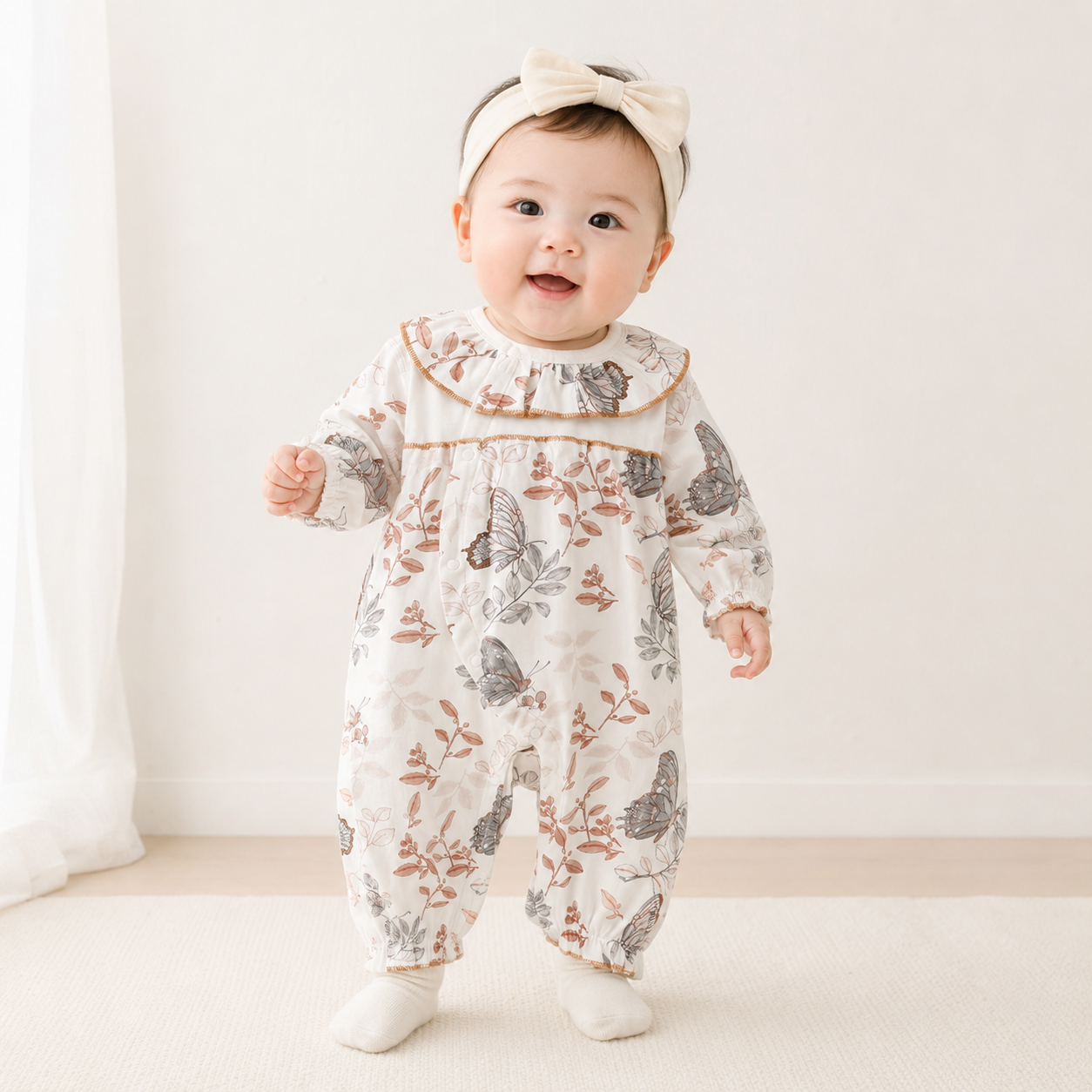 Baby Girl Long Sleeve Cotton Romper with Lace Trim – Side Snap Newborn Bodysuit