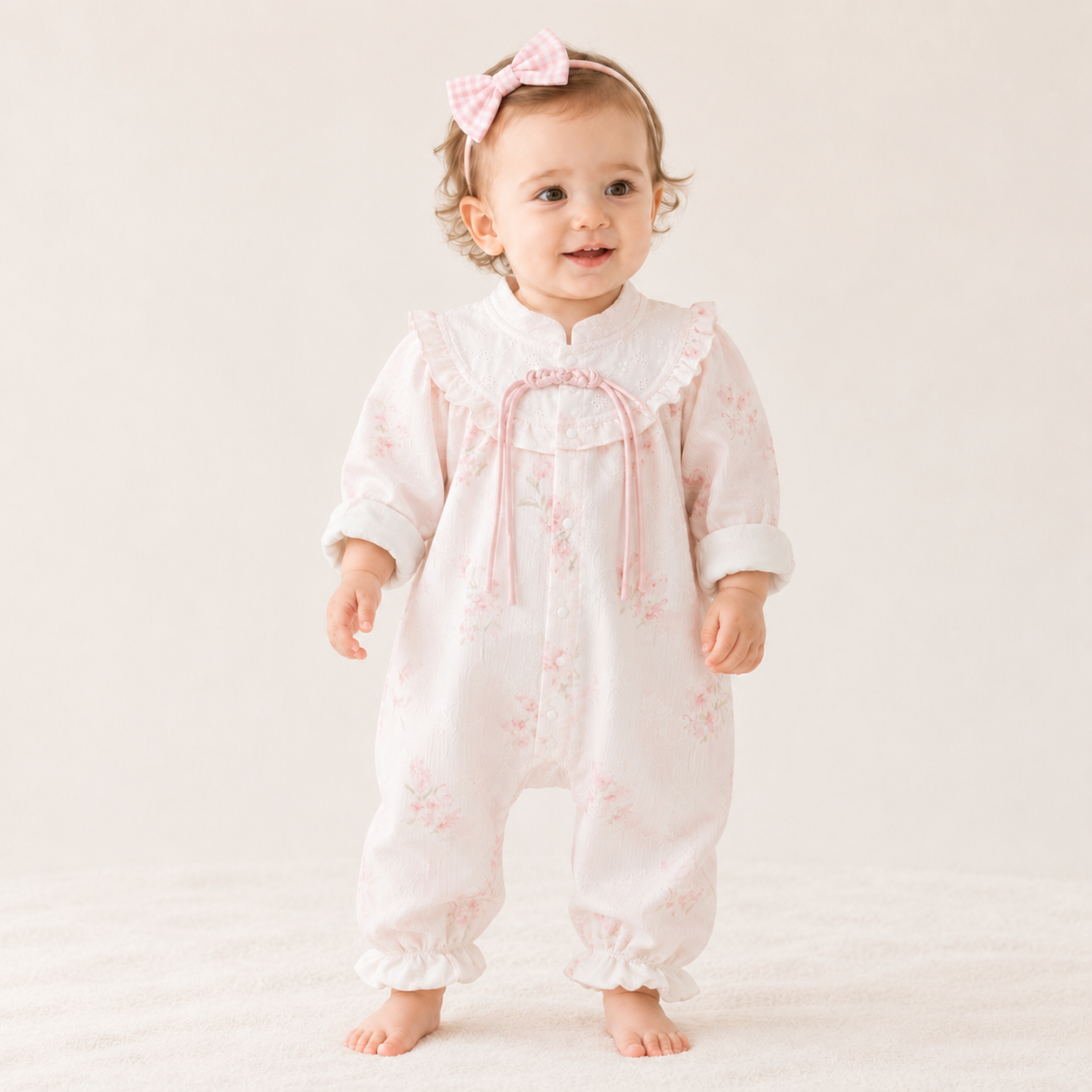Baby Girl Chinese Style Floral Romper with Stand Collar – Long Sleeve Vintage Fall Outfit