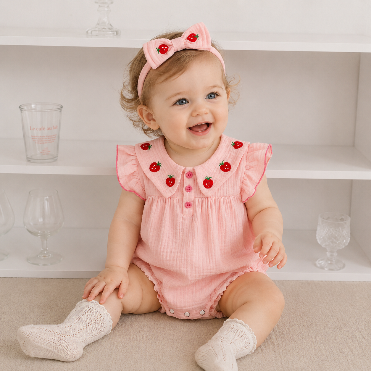 Baby Girl Crinkle Gauze Bodysuit Set with Headband – Princess Summer Romper